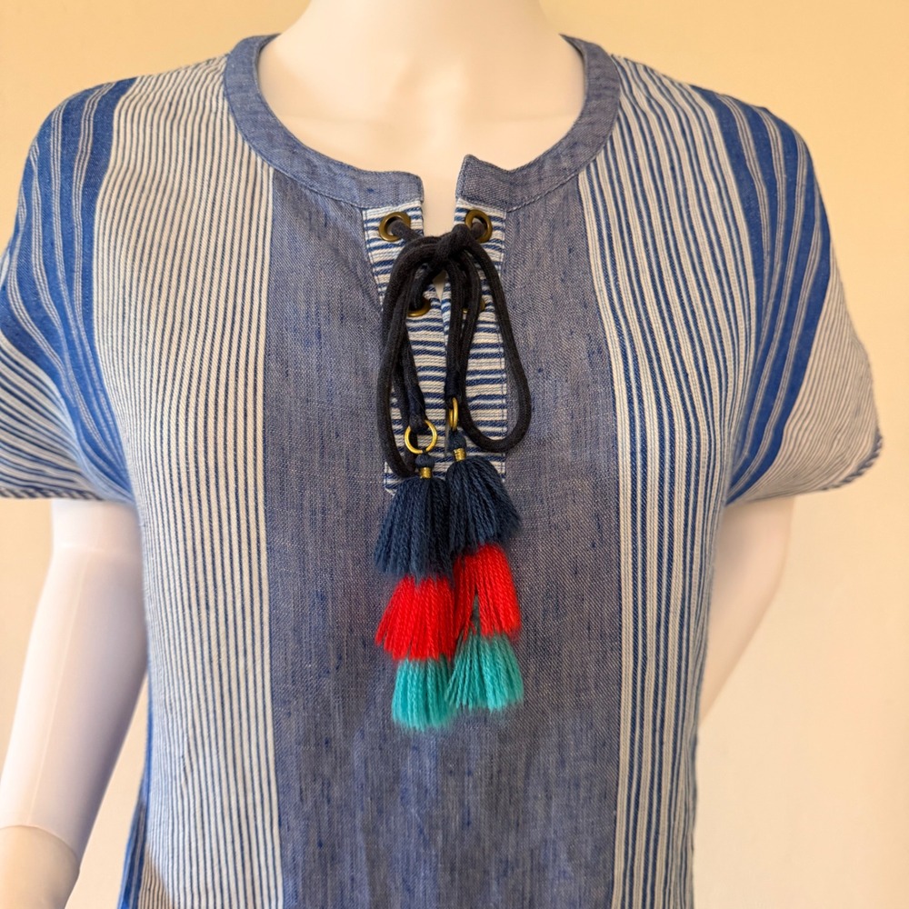 Vineyard Vines Womens Blue Striped 100% Linen Tassel Shift Dress Size 8 - Picture 2 of 9